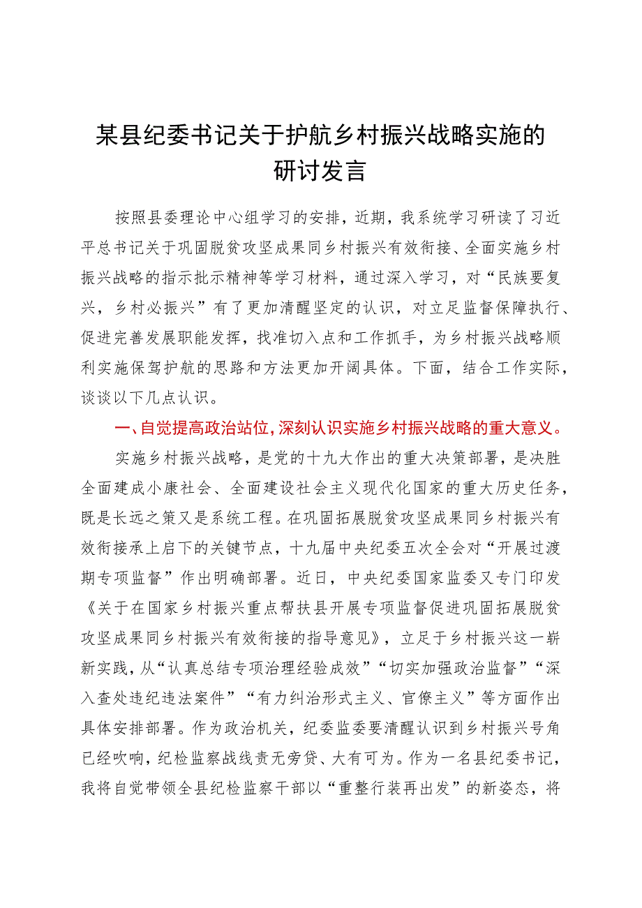 某县纪委书记关于护航乡村振兴战略实施的研讨发言.docx_第1页