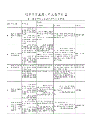 初中体育主题大单元教学计划垫上体操技巧及低单杠技巧组合学练.docx