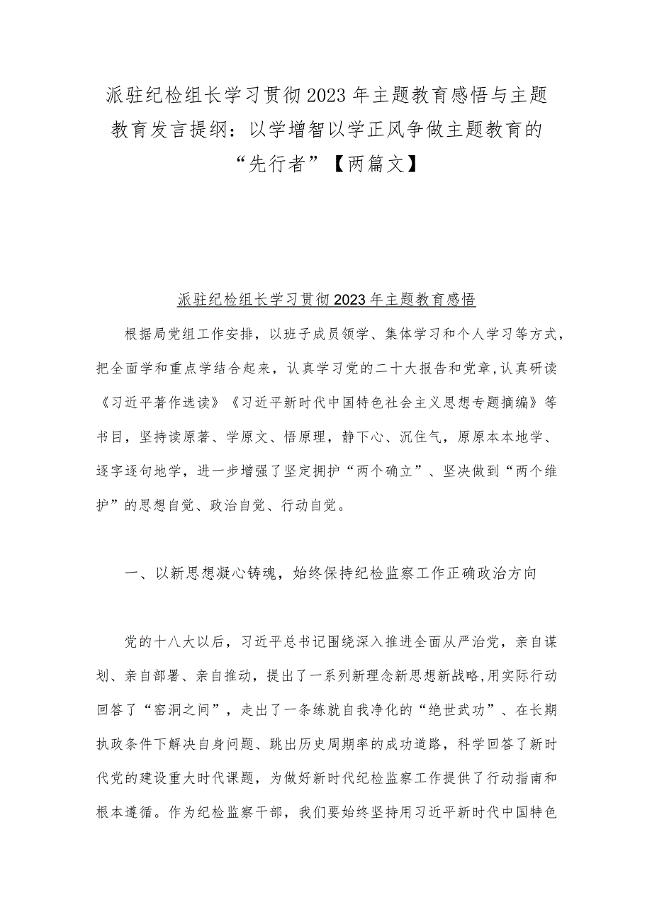 派驻纪检组长学习贯彻2023年主题教育感悟与主题教育发言提纲：以学增智以学正风争做主题教育的“先行者”【两篇文】.docx_第1页