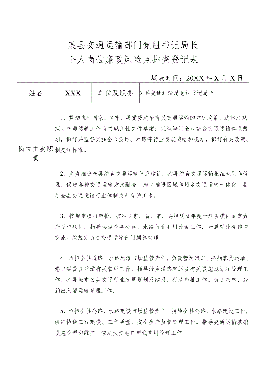 某县交通运输部门党组书记局长个人岗位廉政风险点排查登记表.docx_第1页