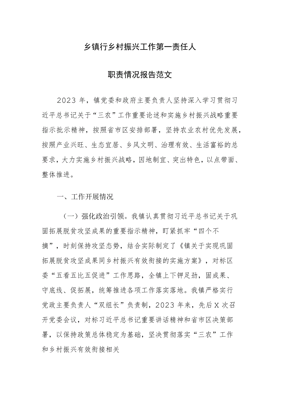 乡镇行乡村振兴工作第一责任人职责情况报告范文 .docx_第1页