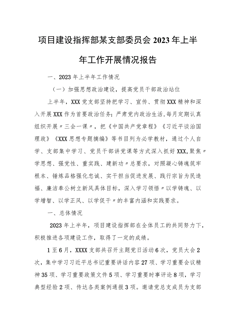 项目建设指挥部某支部委员会2023年上半年工作开展情况报告.docx_第1页