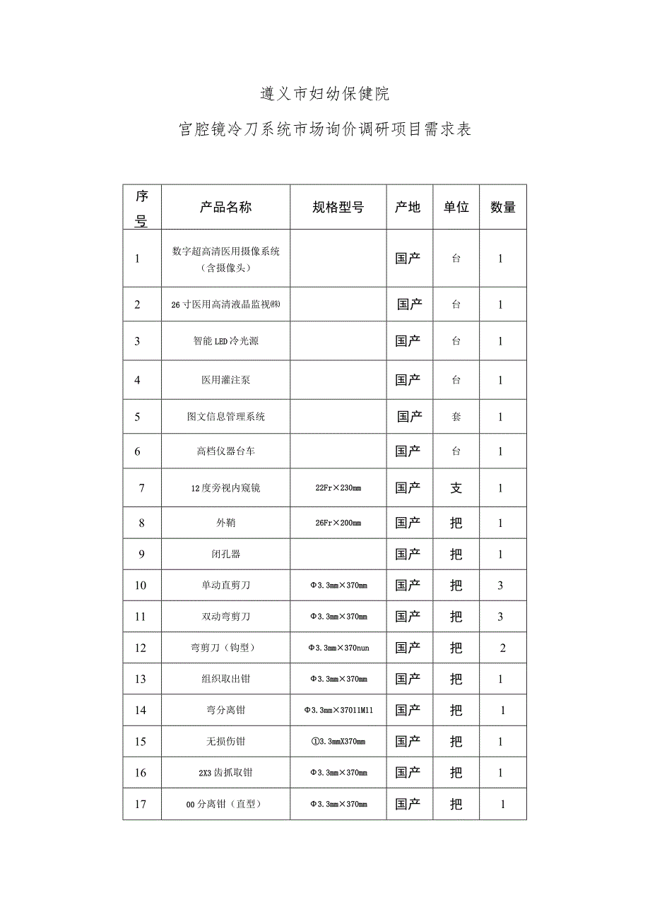 遵义市妇幼保健院宫腔镜冷刀系统市场询价调研项目需求表.docx_第1页