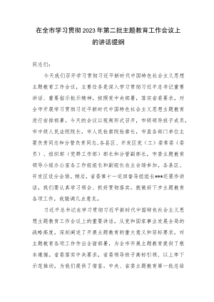 在全市学习贯彻2023年第二批主题教育工作会议上的讲话提纲发言材料.docx