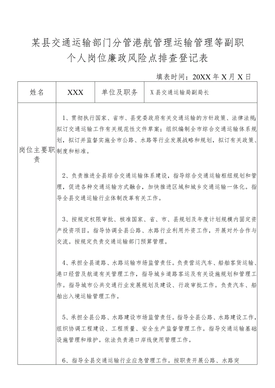 某县交通运输部门分管分管港航管理运输管理等副职个人岗位廉政风险点排查登记表.docx_第1页