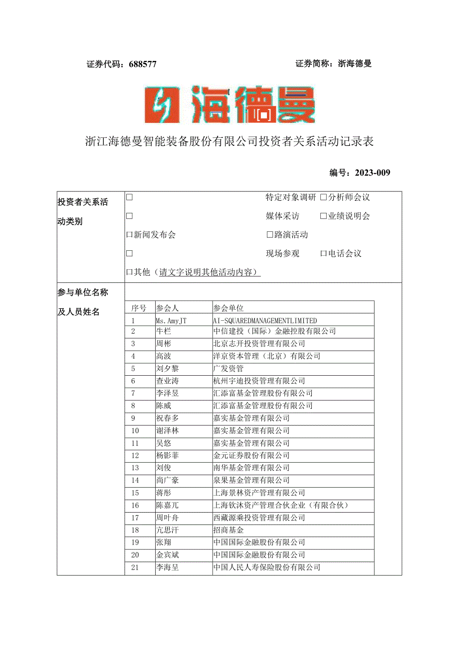 证券代码688577证券简称浙海德曼浙江海德曼智能装备股份有限公司投资者关系活动记录表.docx_第1页