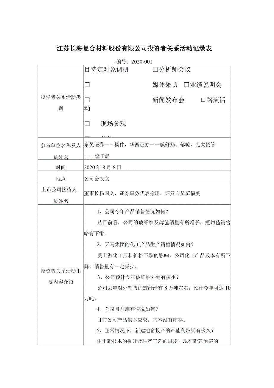 证券代码396证券简称长海股份江苏长海复合材料股份有限公司投资者关系活动记录表.docx_第1页