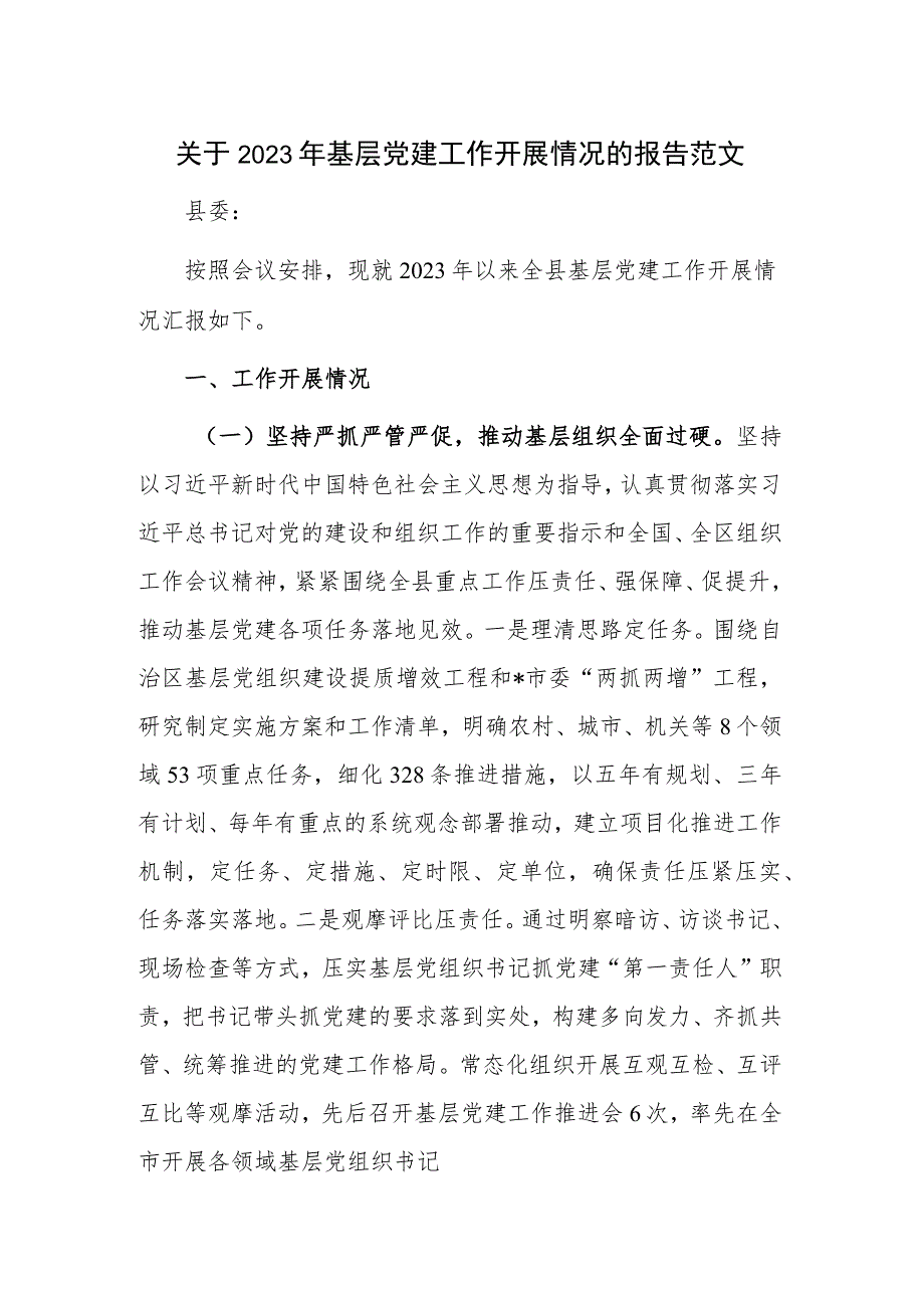 关于2023年基层党建工作开展情况的报告范文.docx_第1页