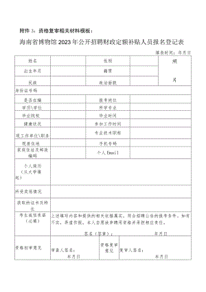 资格复审相关材料模板海南省博物馆2023年公开招聘财政定额补贴人员报名登记表.docx