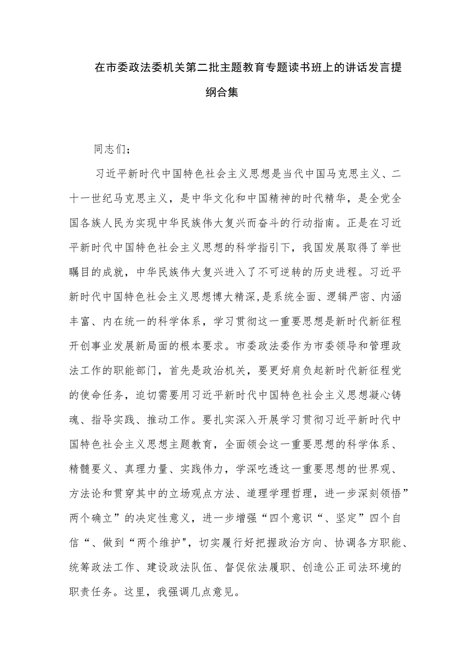 在市委政法委机关第二批主题教育专题读书班上的讲话发言提纲合集.docx_第1页