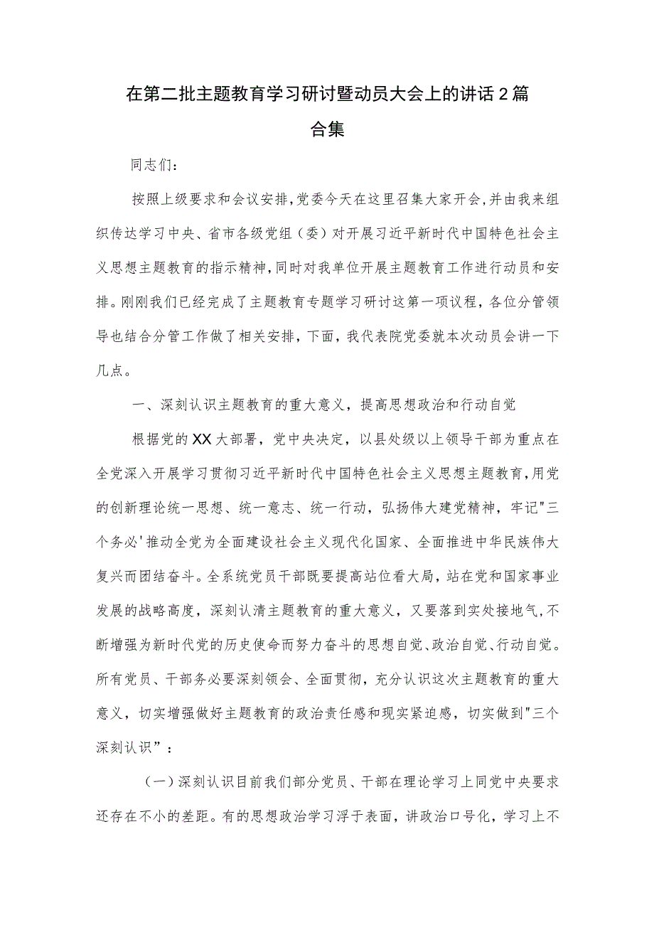 在第二批主题教育学习研讨暨动员大会上的讲话2篇合集.docx_第1页