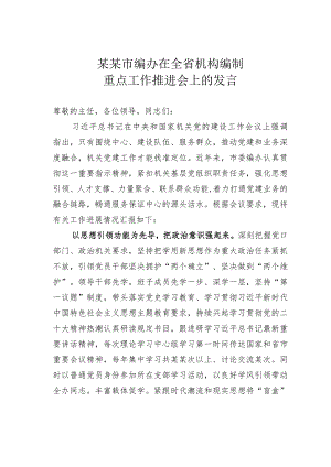 某某市编办在全省机构编制重点工作推进会上的发言.docx