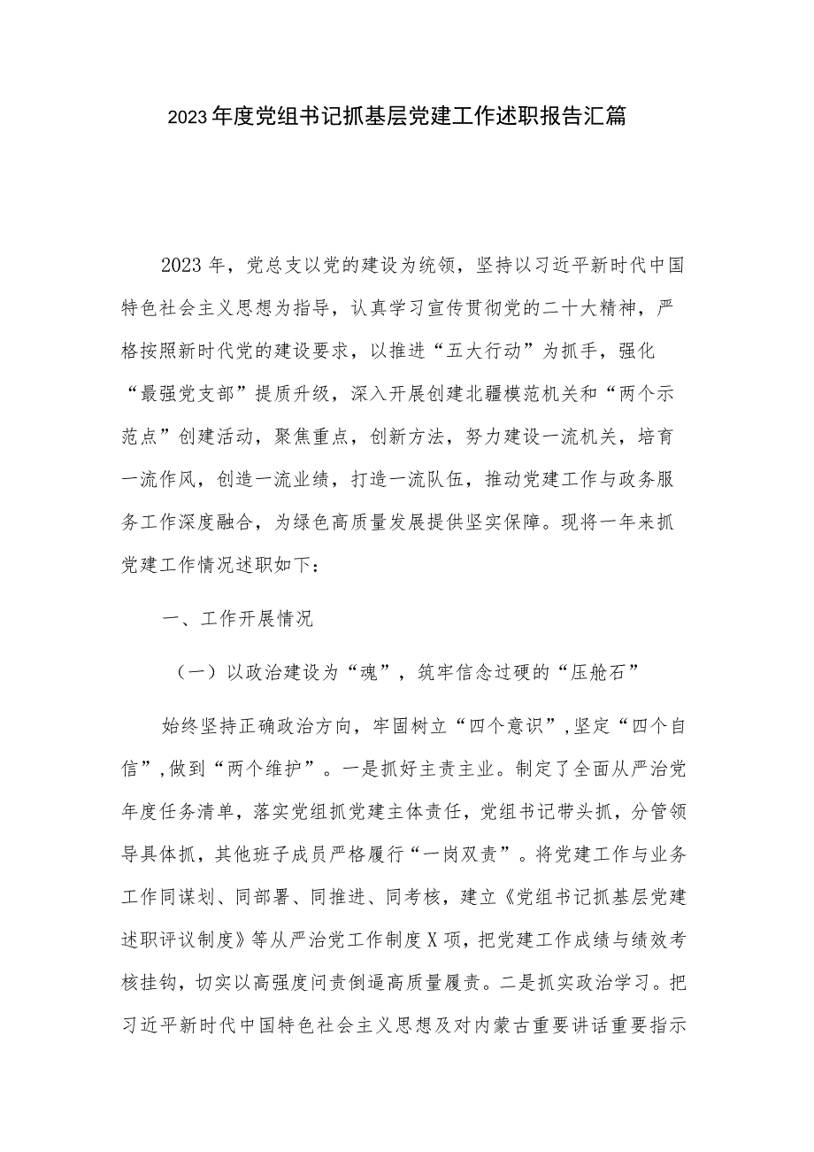 2023年度党组书记抓基层党建工作述职报告汇篇.docx_第1页