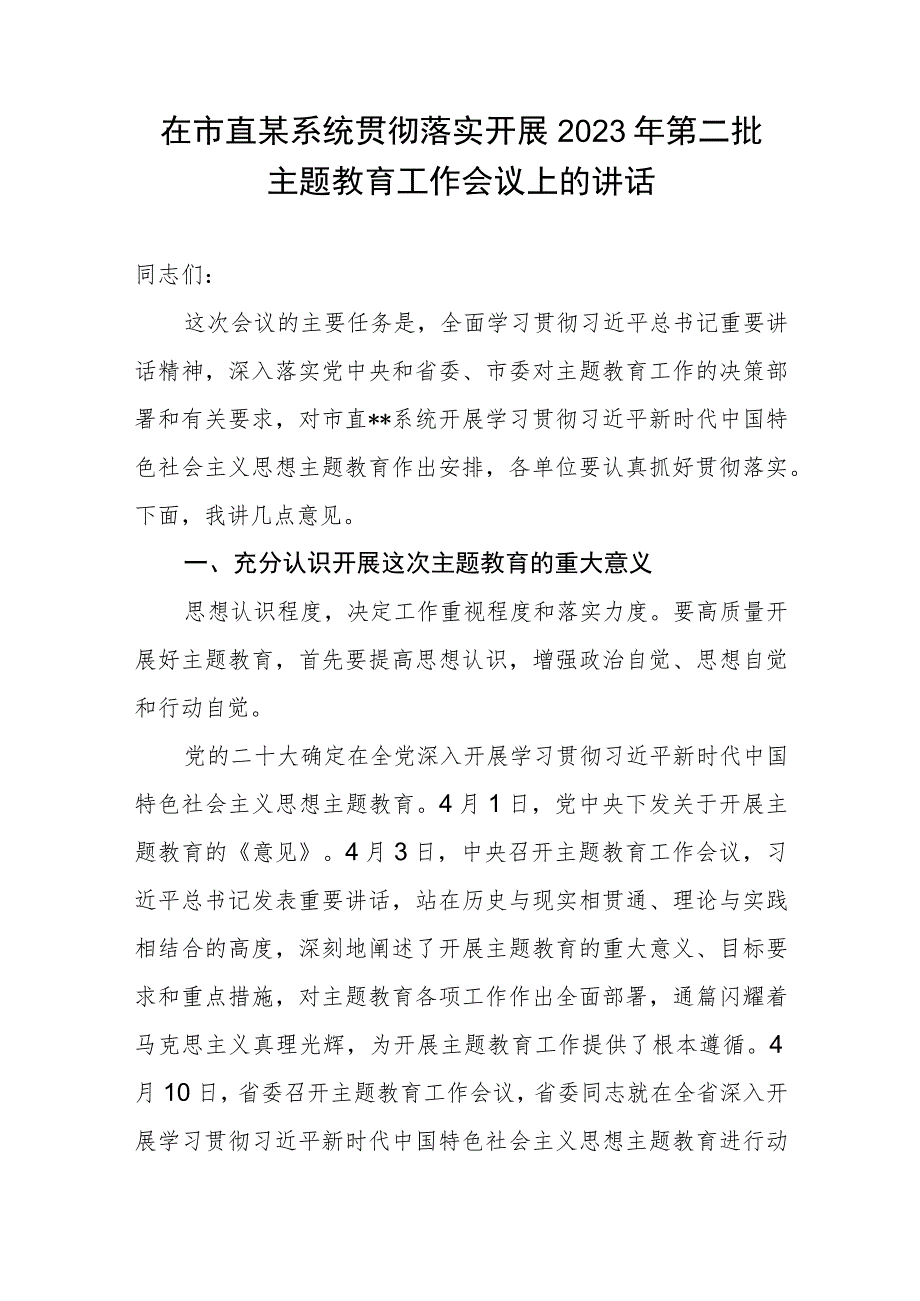 在市直某系统贯彻落实开展2023年第二批主题教育工作会议上的讲话发言.docx_第1页