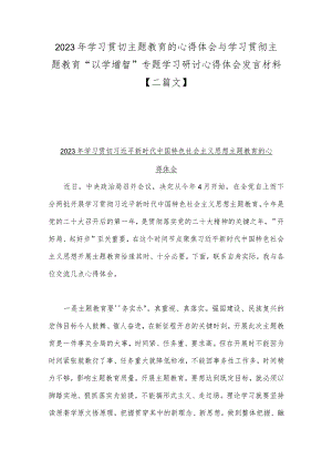 2023年学习贯切主题教育的心得体会与学习贯彻主题教育“以学增智”专题学习研讨心得体会发言材料【二篇文】.docx