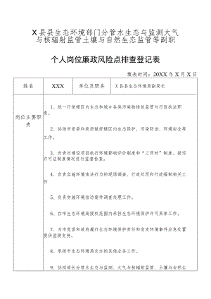 某县生态部门分管水生态与监测大气与核辐射监管土壤与自然生态监管等副职个人岗位廉政风险点排查登记表.docx