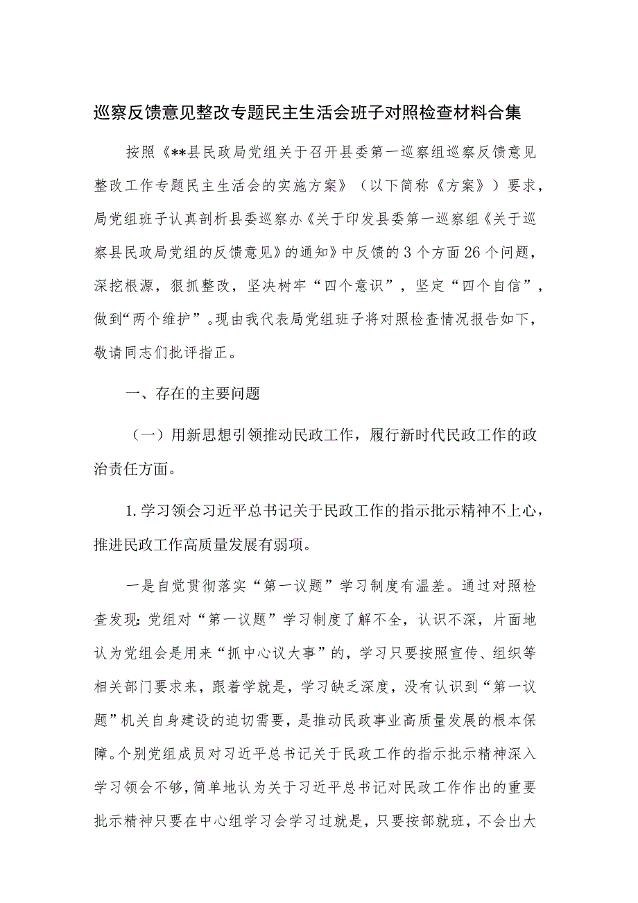 巡察反馈意见整改专题民主生活会班子对照检查材料合集.docx_第1页