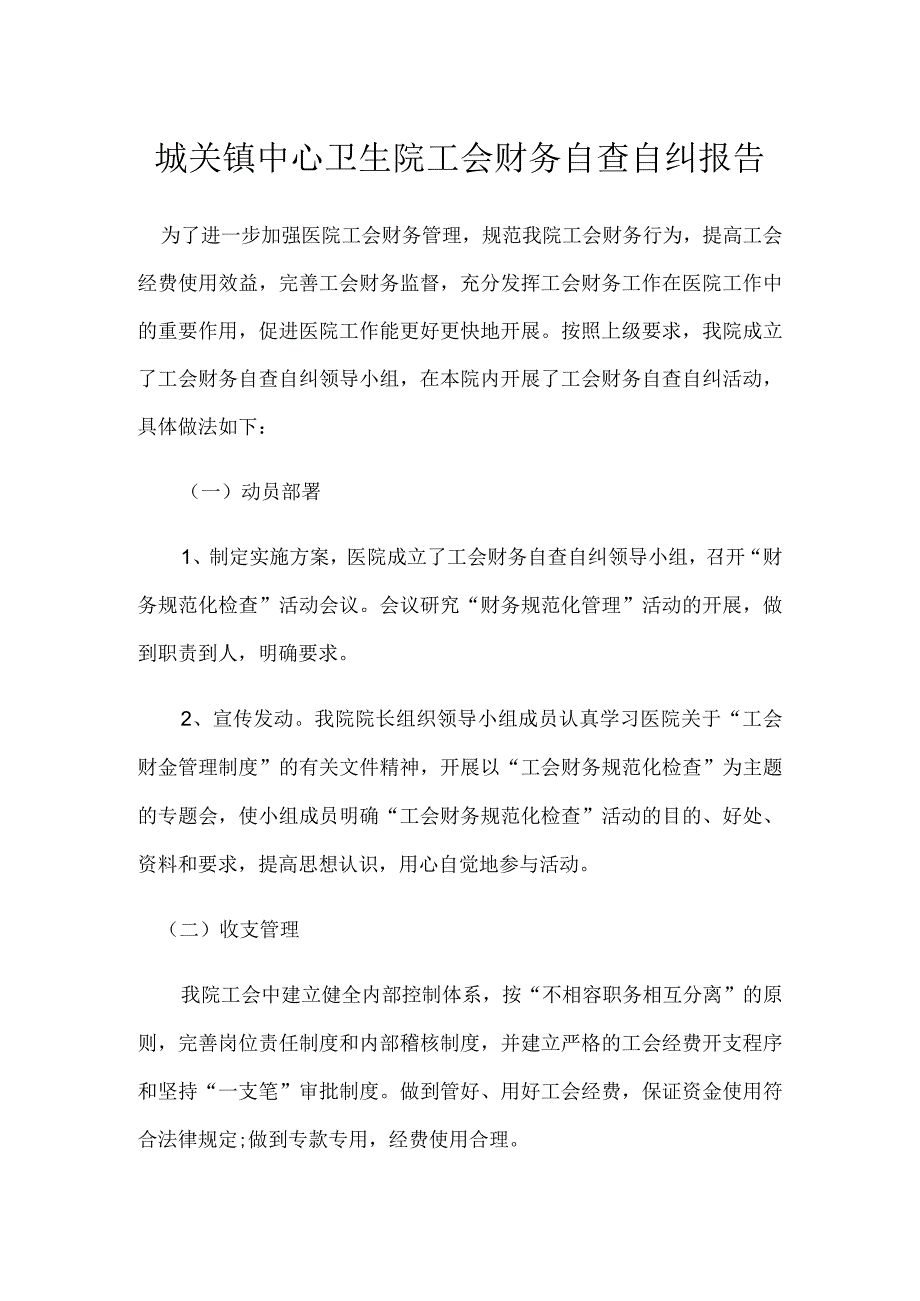 城关镇中心卫生院工会财务自查自纠报告.docx_第1页