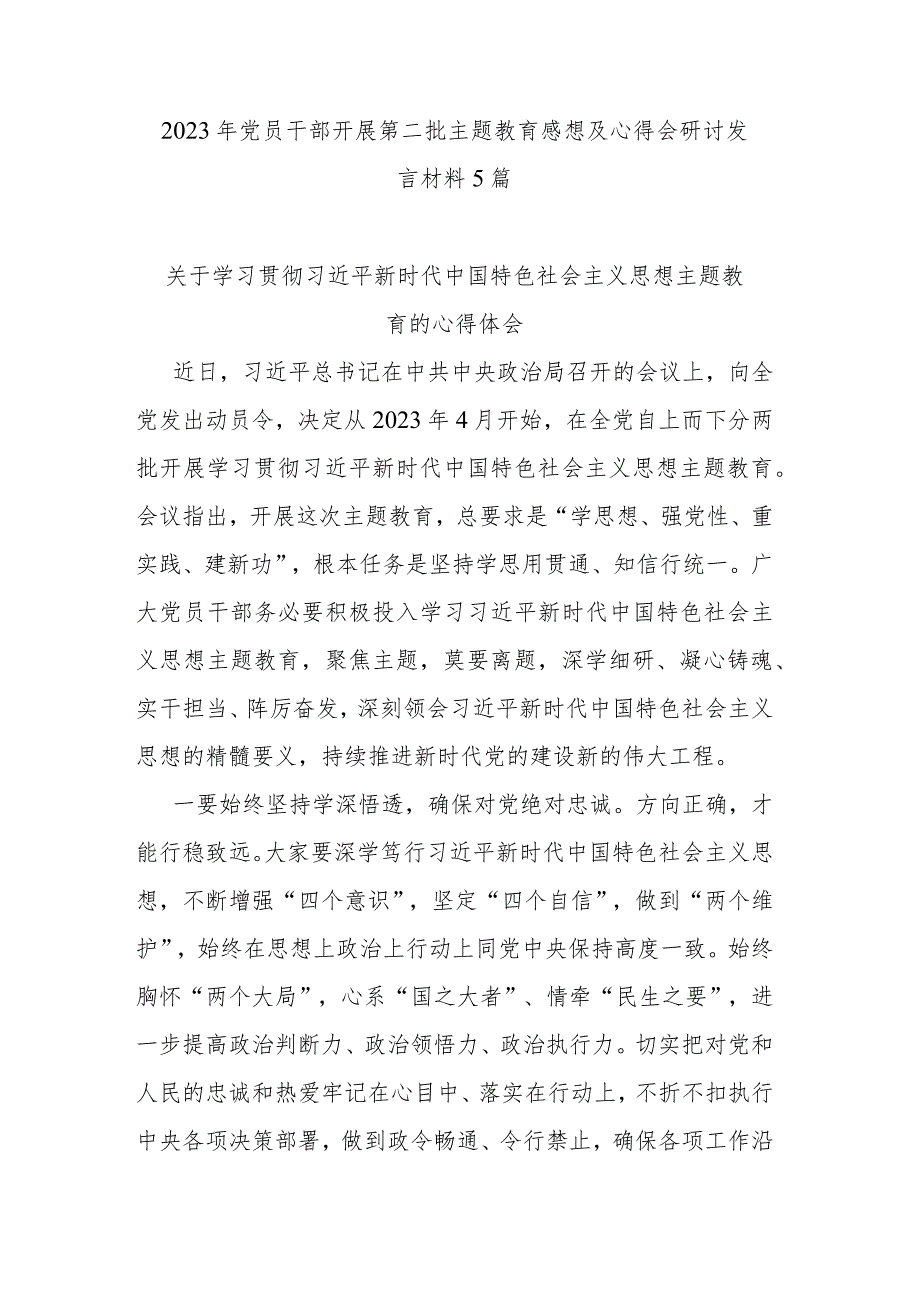 2023年党员干部开展第二批主题教育感想及心得会研讨发言材料5篇.docx_第1页