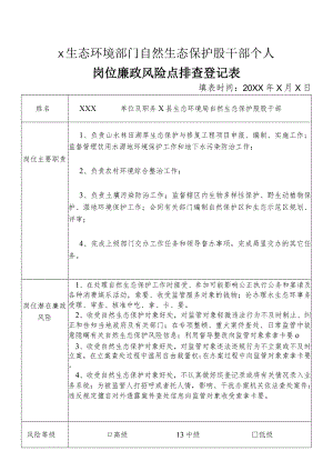 X县生态环境部门自然生态保护股干部个人岗位廉政风险点排查登记表.docx