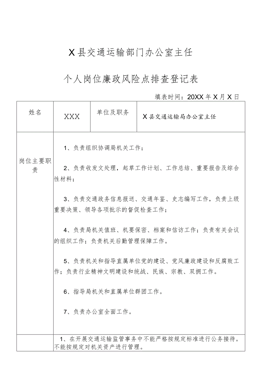 某县交通运输部门办公室主任个人岗位廉政风险点排查登记表.docx_第1页