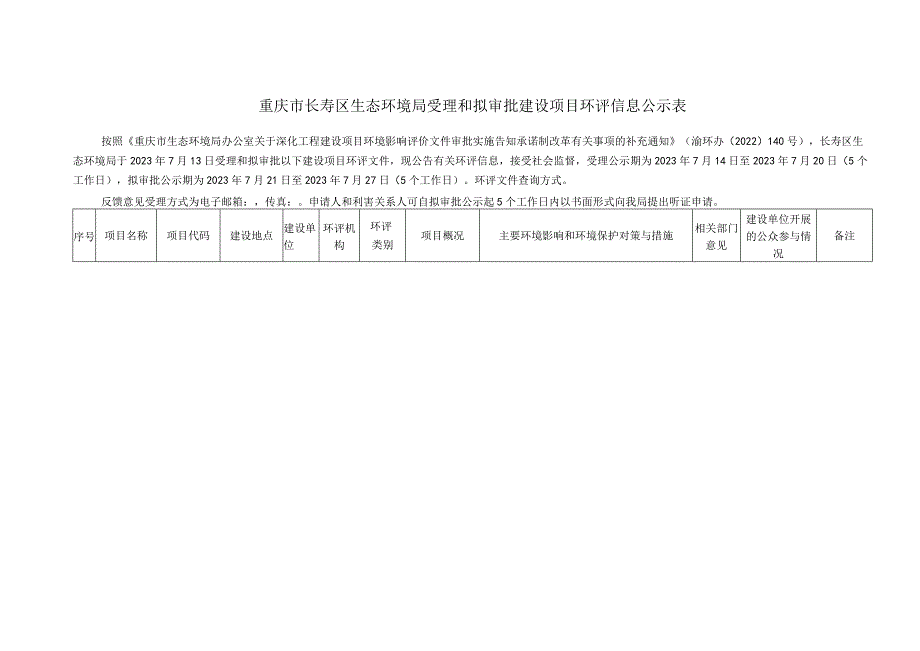 重庆市长寿区生态环境局受理和拟审批建设项目环评信息公示表.docx_第1页