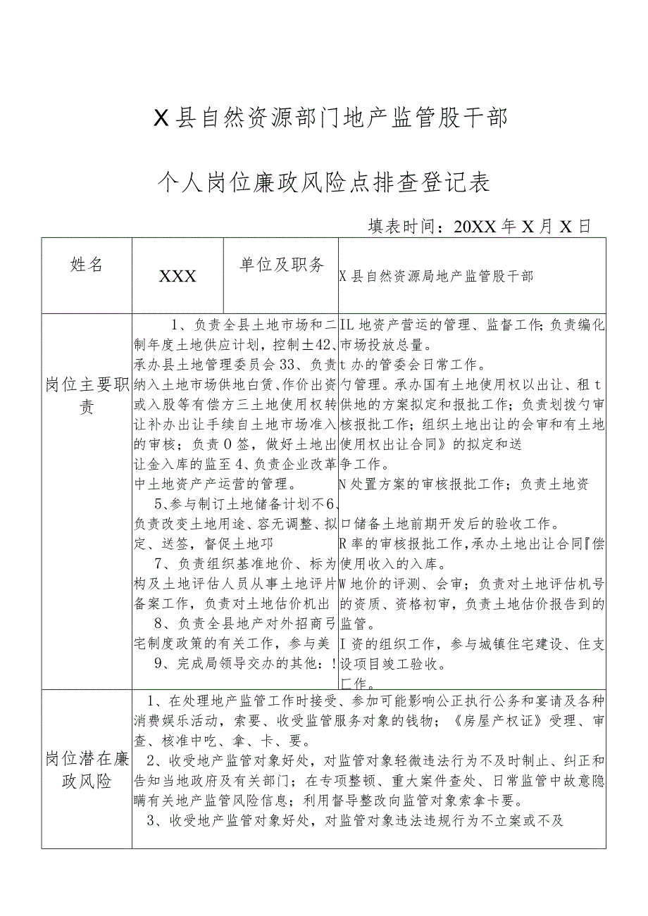 某县自然资源部门地产监管股干部个人岗位廉政风险点排查登记表.docx_第1页