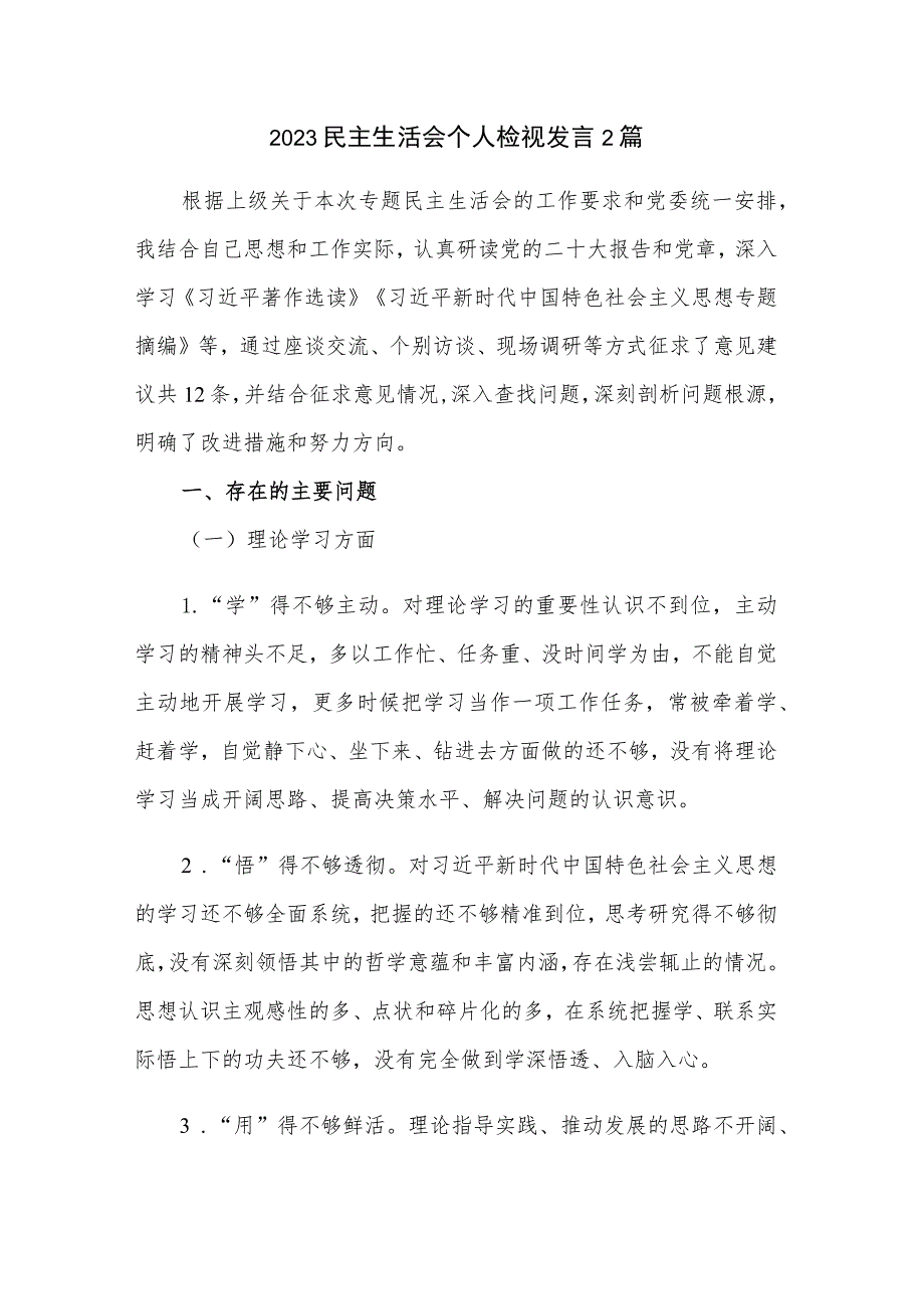 2023民主生活会个人检视发言2篇.docx_第1页