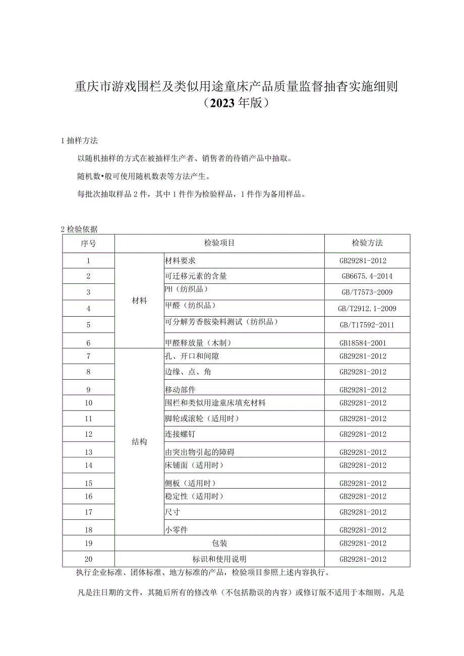 重庆市游戏围栏及类似用途童床产品质量监督抽查实施细则2023年版.docx_第1页