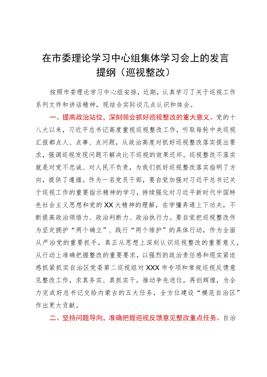 在市委理论学习中心组集体学习会上的发言提纲（巡视整改）.docx_第1页