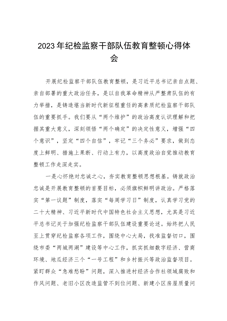 2023纪检干部队伍教育整顿的心得体会(5篇).docx_第1页