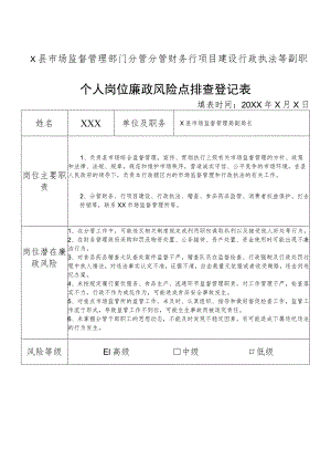 某县市场监督管理部门分管财务项目建设行政执法等副职个人岗位廉政风险点排查登记表.docx