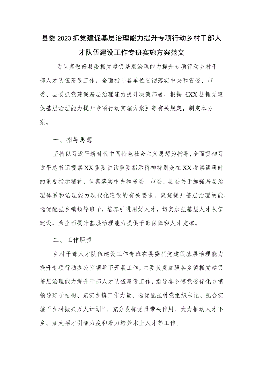 县委2023抓党建促基层治理能力提升专项行动乡村干部人才队伍建设工作专班实施方案范文.docx_第1页