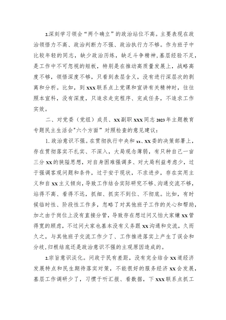 领导干部在2023年主题教育专题民主生活会上对其他班子成员的批评意见.docx_第2页