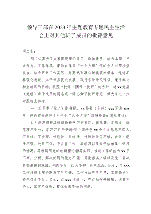 领导干部在2023年主题教育专题民主生活会上对其他班子成员的批评意见.docx