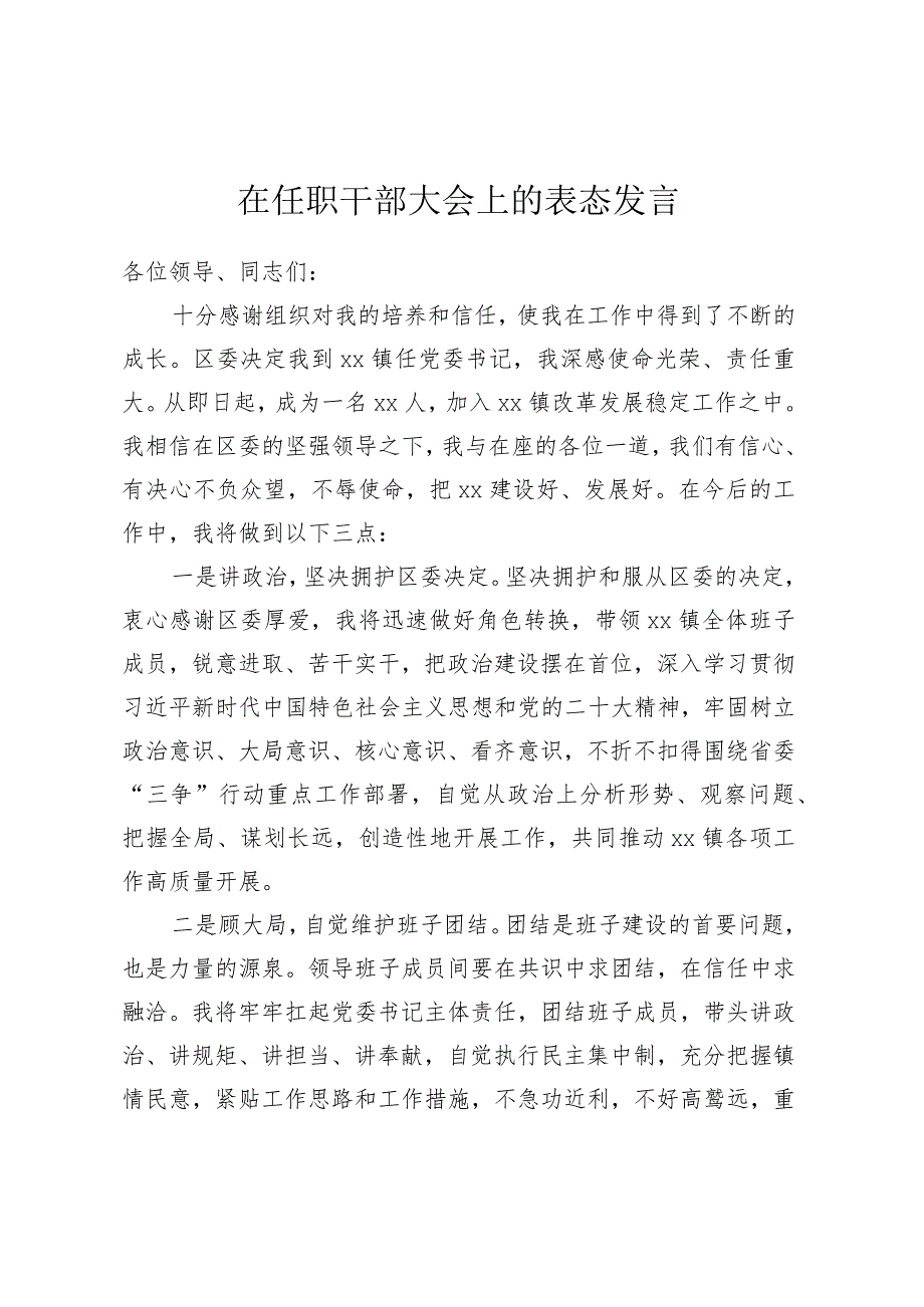 在任职干部大会上的表态发言.docx_第1页