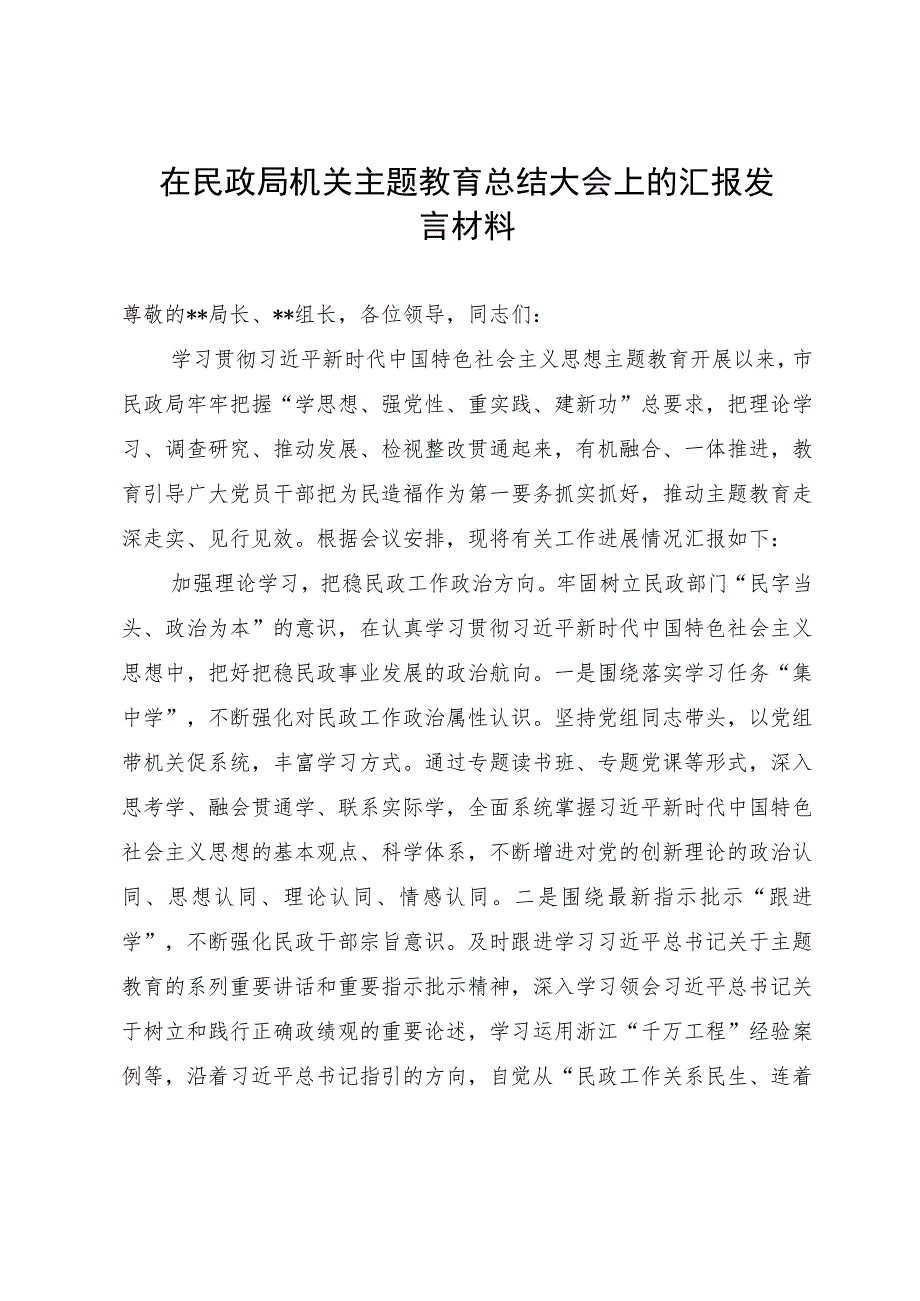 在民政局机关主题教育总结大会上的汇报发言材料.docx_第1页