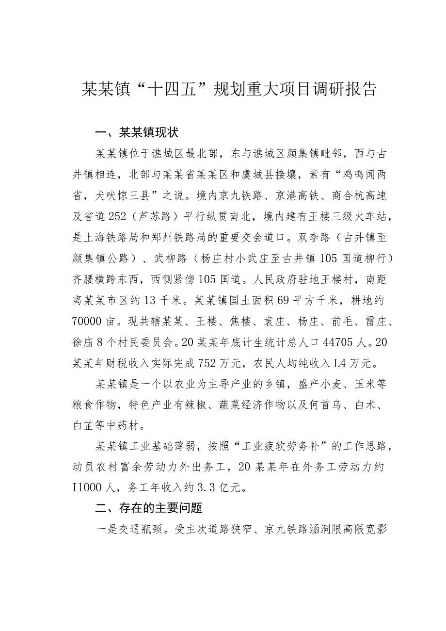 某某镇“十四五”规划重大项目调研报告.docx_第1页