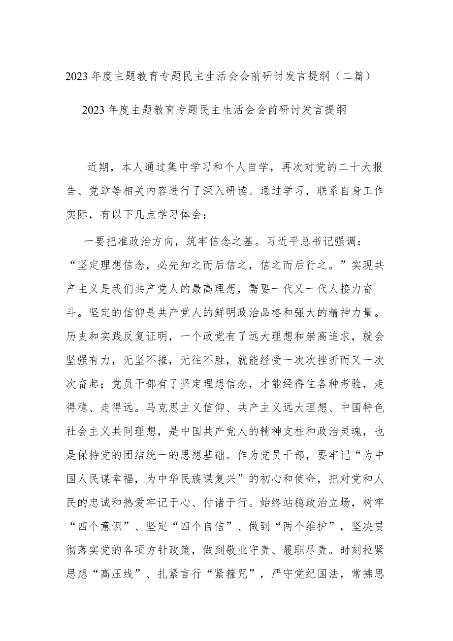 2023年度主题教育专题民主生活会会前研讨发言提纲(二篇).docx_第1页