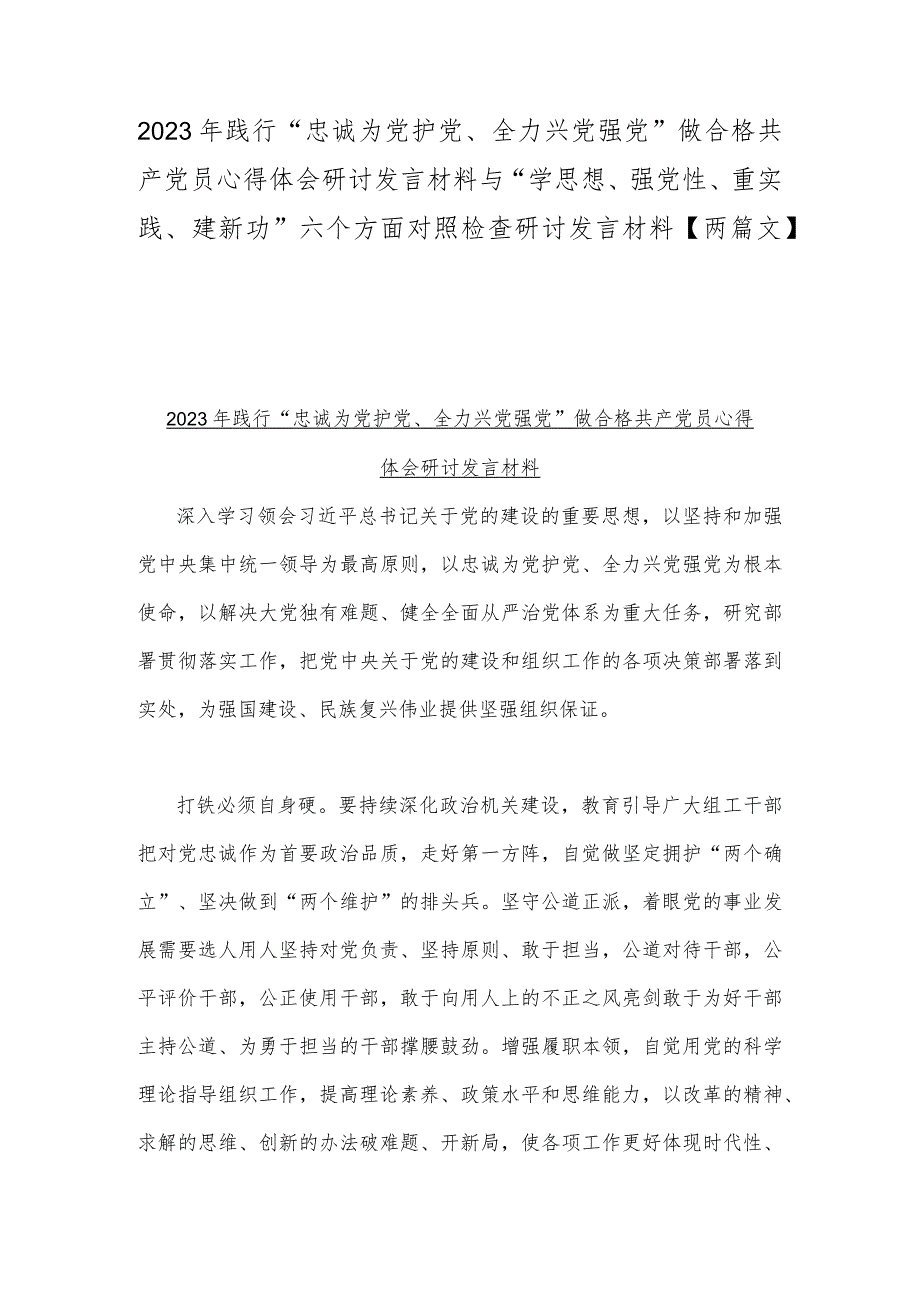 2023年践行“忠诚为党护党、全力兴党强党”做合格共产党员心得体会研讨发言材料与“学思想、强党性、重实践、建新功”六个方面对照检查研.docx_第1页