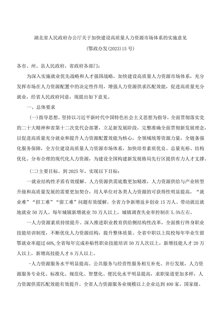 湖北省人民政府办公厅关于加快建设高质量人力资源市场体系的实施意见.docx_第1页