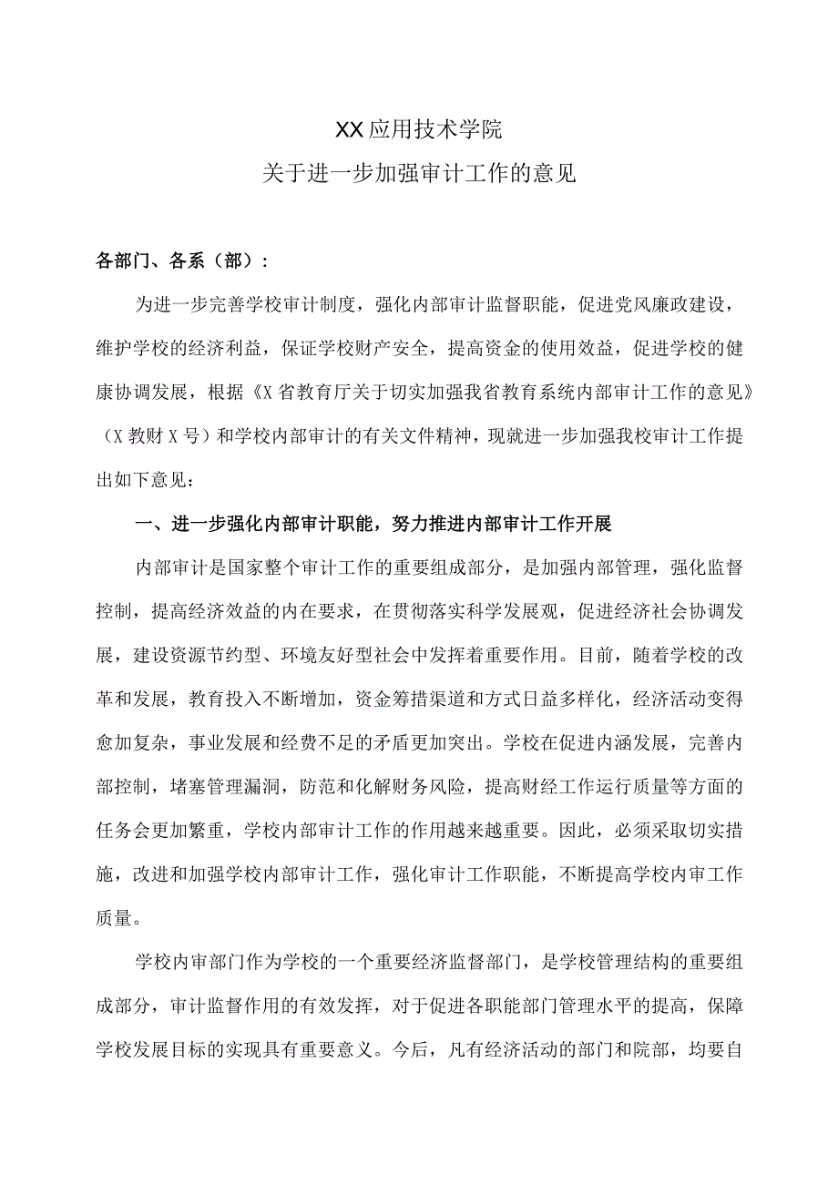 XX应用技术学院关于进一步加强审计工作的意见.docx_第1页