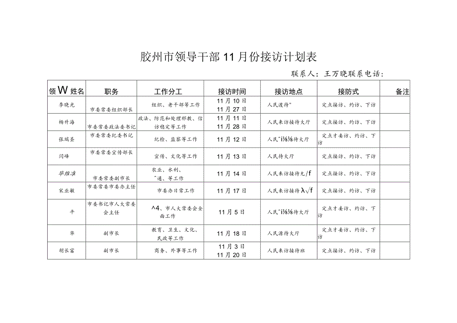 胶州市领导干部11月份接访计划表.docx_第1页