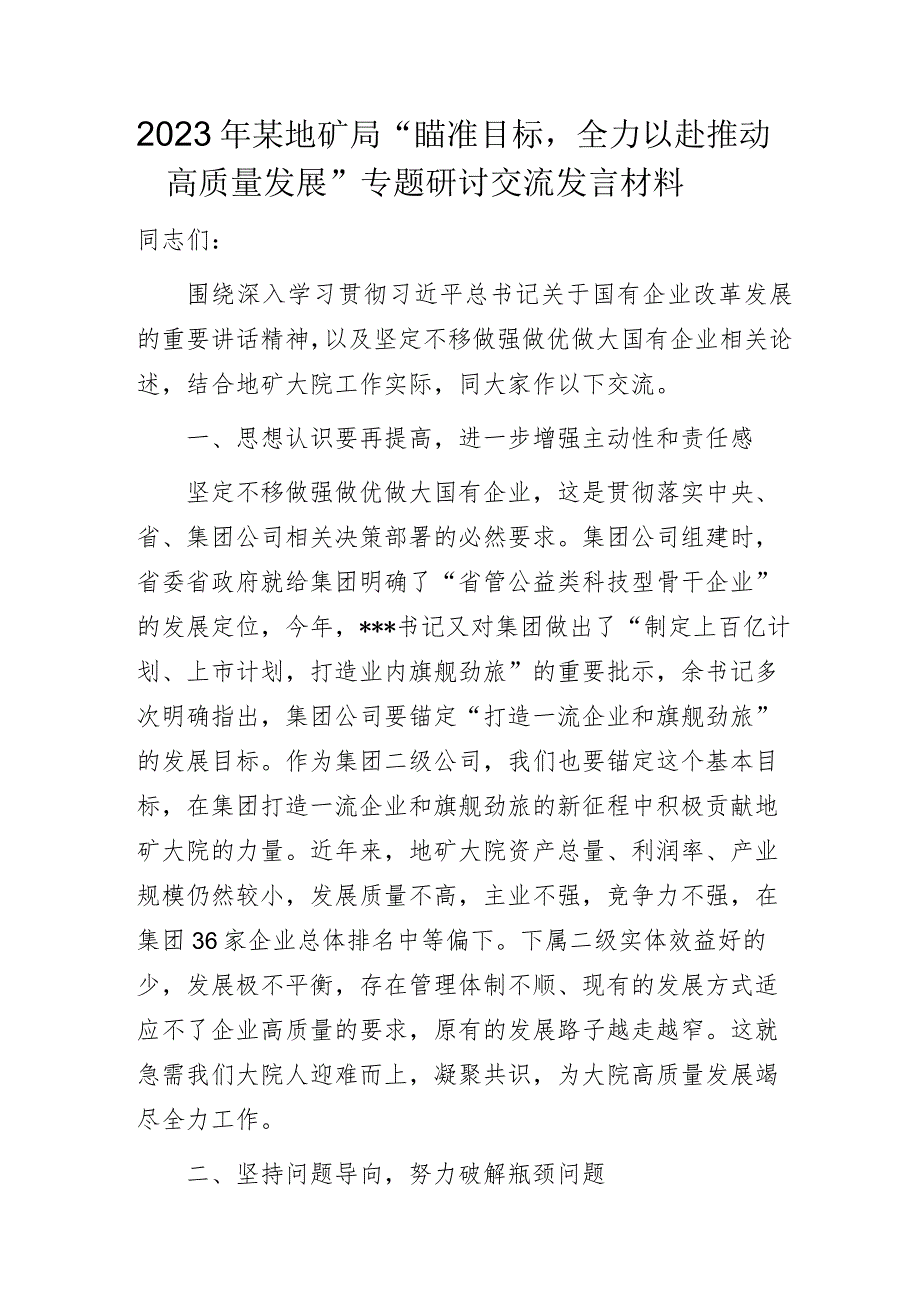 2023年某地矿局“瞄准目标全力以赴推动高质量发展”专题研讨交流发言材料.docx_第1页