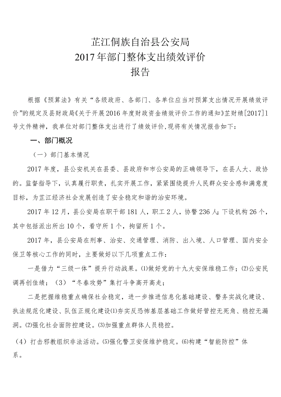 芷江侗族自治县公安局2017年部门整体支出绩效评价报告.docx_第1页