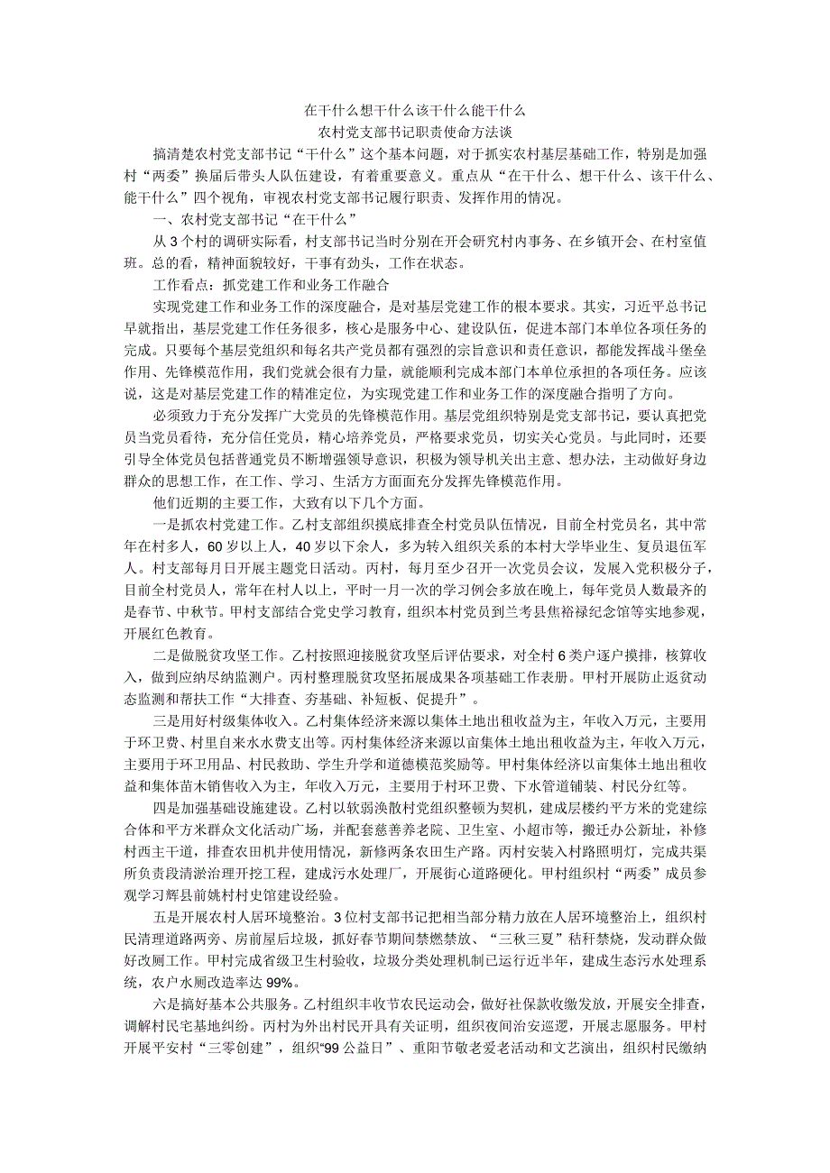 在干什么 想干什么 该干什么 能干什么 农村党支部书记职责使命方法谈.docx_第1页