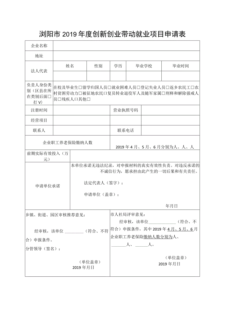 浏阳市2019年度创新创业带动就业项目申请表.docx_第1页