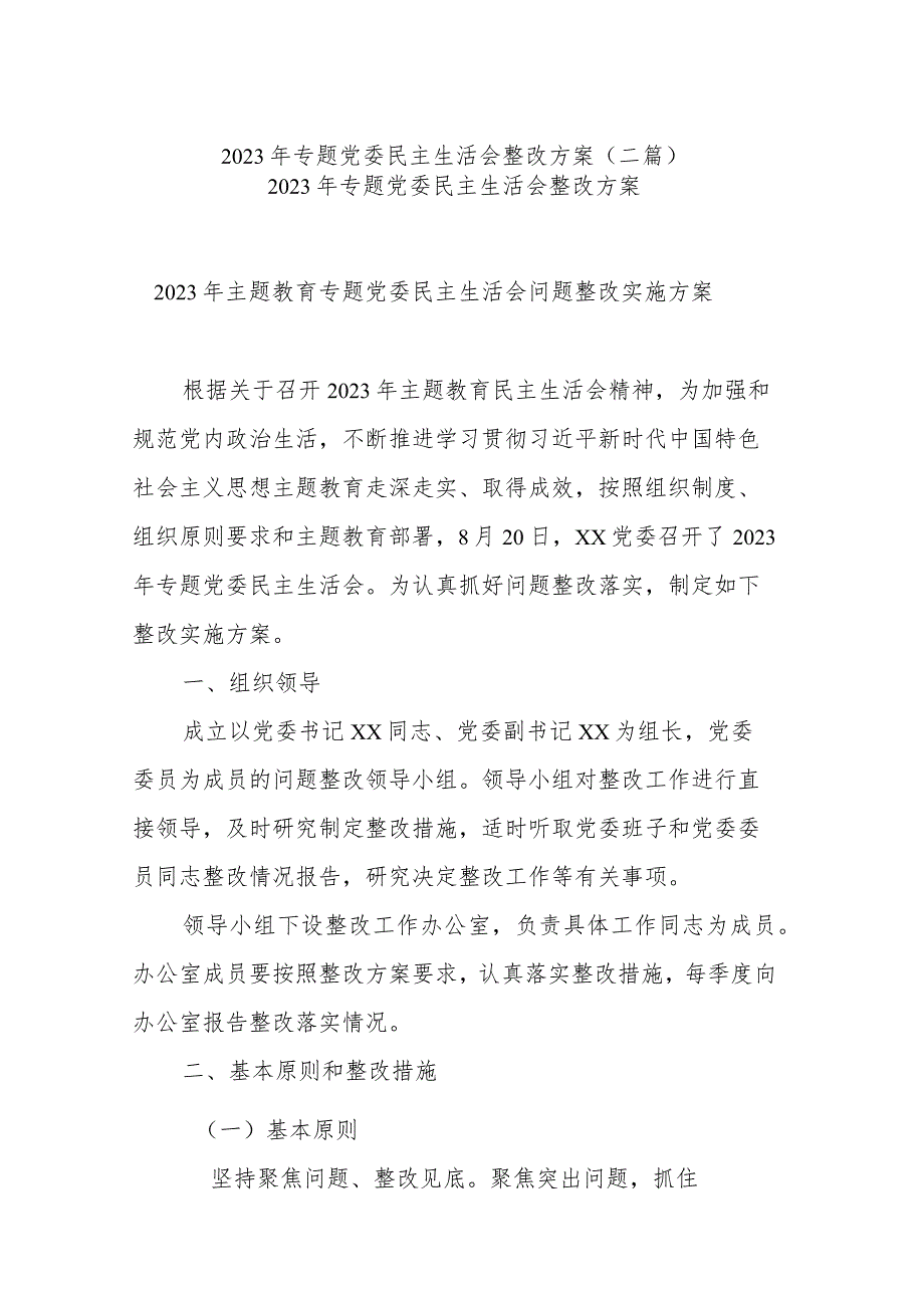 2023年专题党委民主生活会整改方案(二篇).docx_第1页