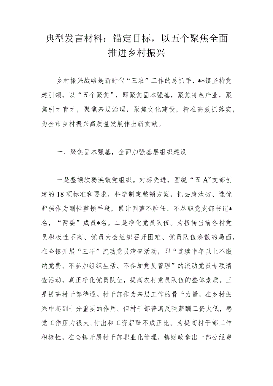 典型发言材料：锚定目标以五个聚焦全面推进乡村振兴.docx_第1页