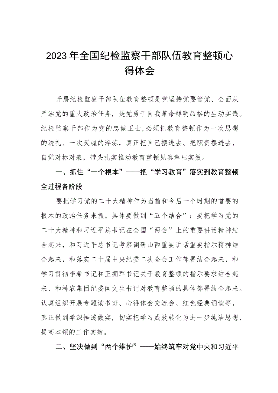 2023纪检监察干部队伍教育整顿活动心得体会材料(5篇).docx_第1页